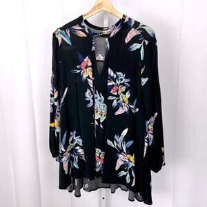 Free People  Size S Tree Swing Tunic Dress Top Long Sleeve Floral Print Black